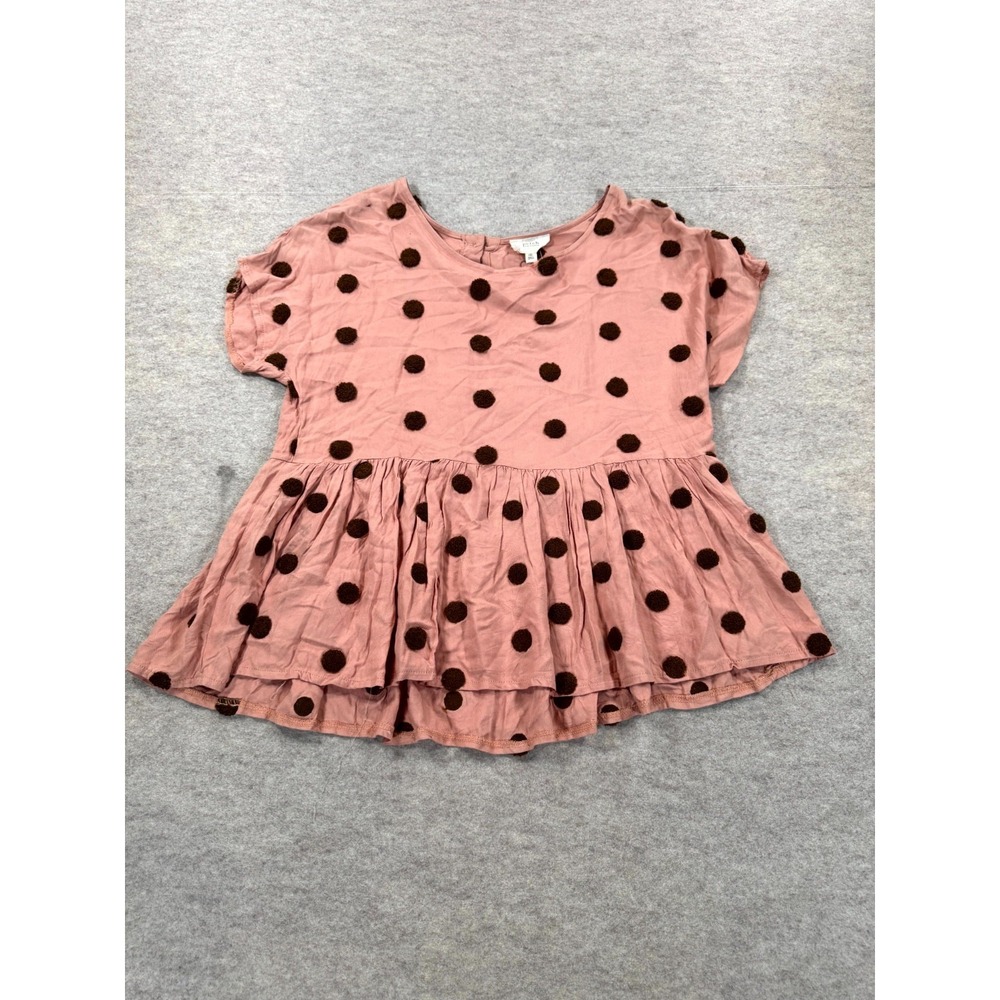 Perch by Blu Pepper Blouse Womens 1XL Pink Brown Rayon Pom Pom Dot Ruffle Hem
